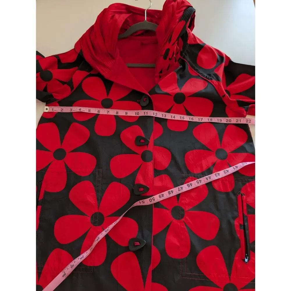 UBU Raincoat Reversible Pleated Floral Hooded Spring Fall Quirky Red Size S